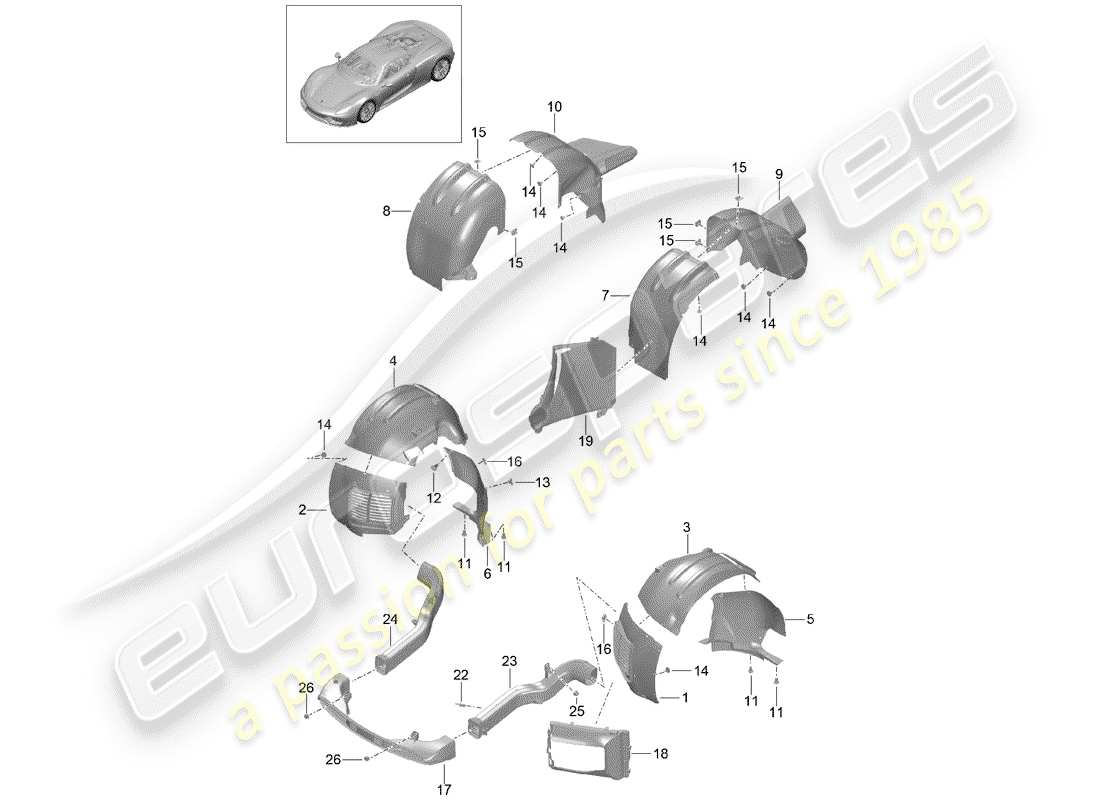 porsche 918 spyder (2015) protezione della timoneria diagramma delle parti