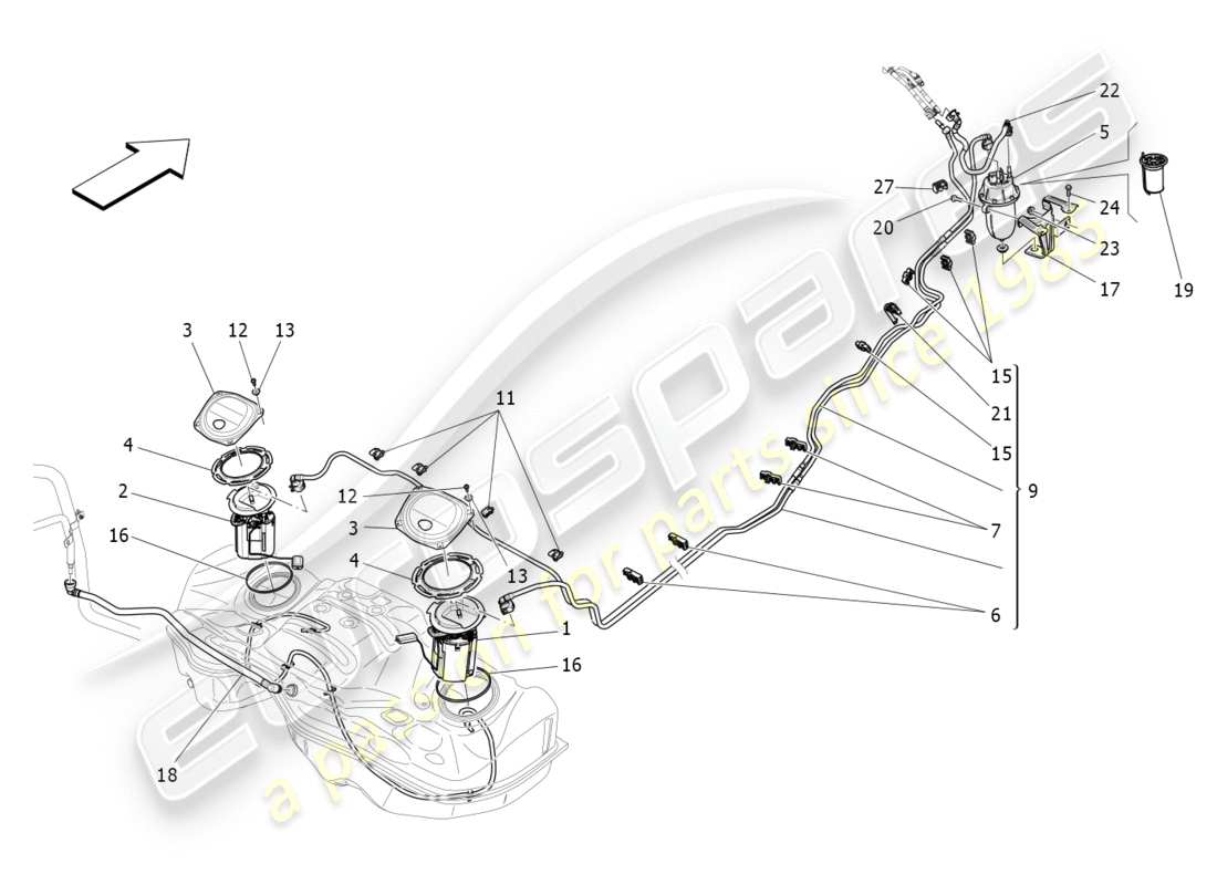 maserati qtp 3.0 tds v6 275hp (2015) diagramma delle parti delle pompe del carburante e delle linee di collegamento