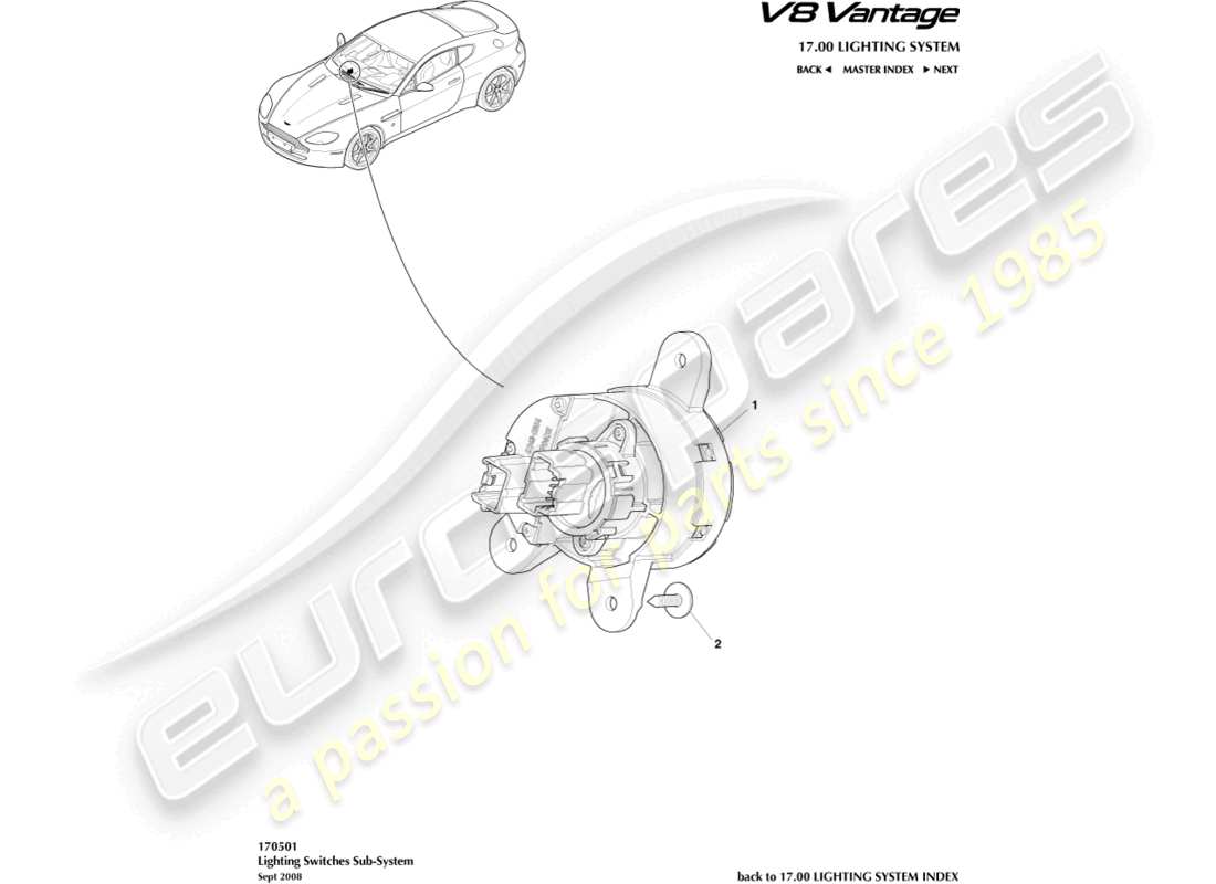 aston martin v8 vantage (2018) diagramma delle parti dell'interruttore di illuminazione
