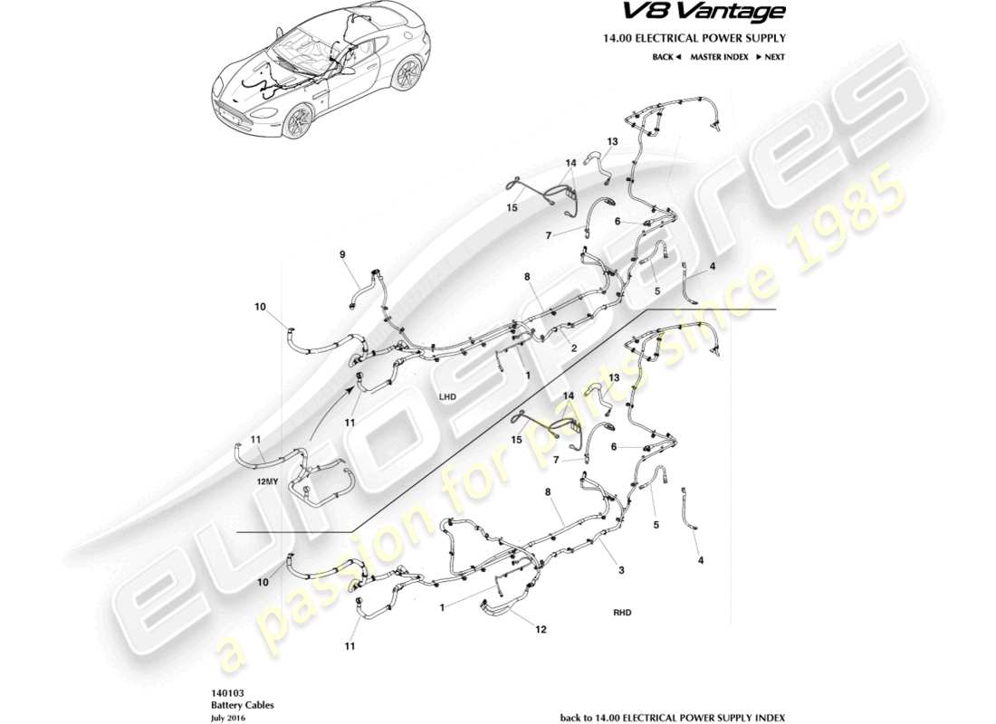 aston martin v8 vantage (2015) diagramma delle parti dei cavi della batteria