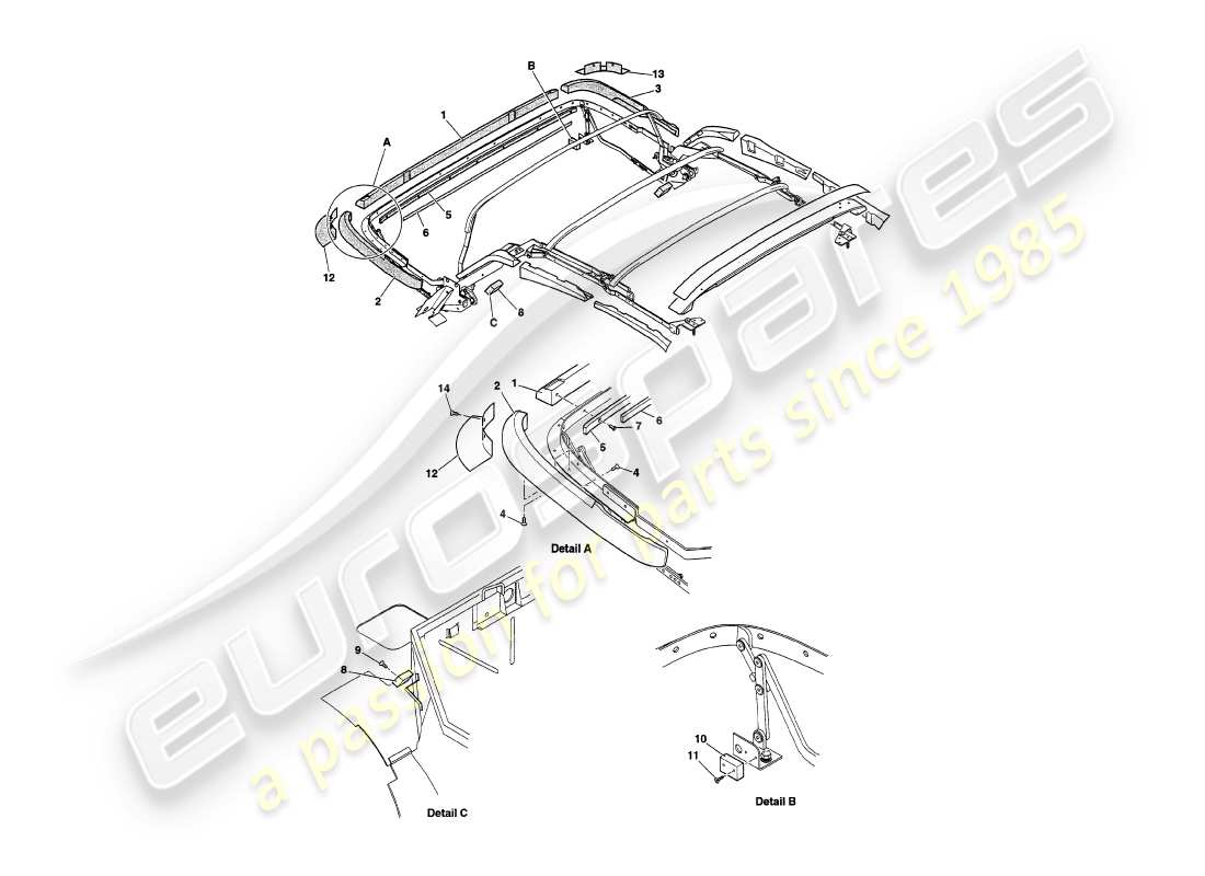 aston martin v8 volante (1999) legni del telaio della cappa diagramma delle parti