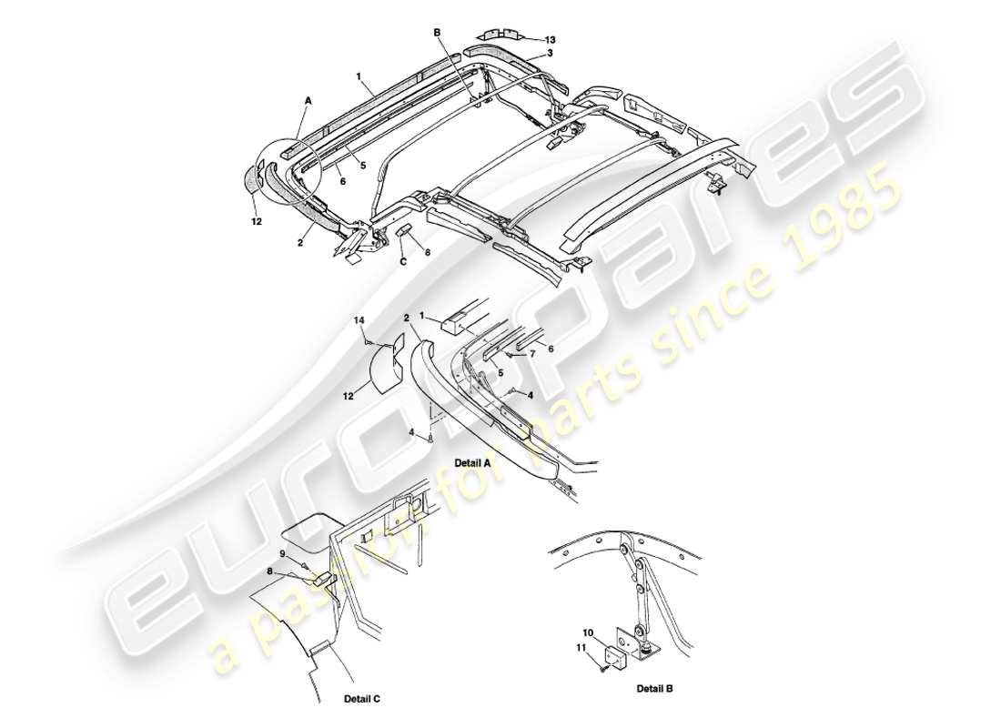 aston martin v8 volante (2000) diagramma delle parti del legno del telaio della cappa
