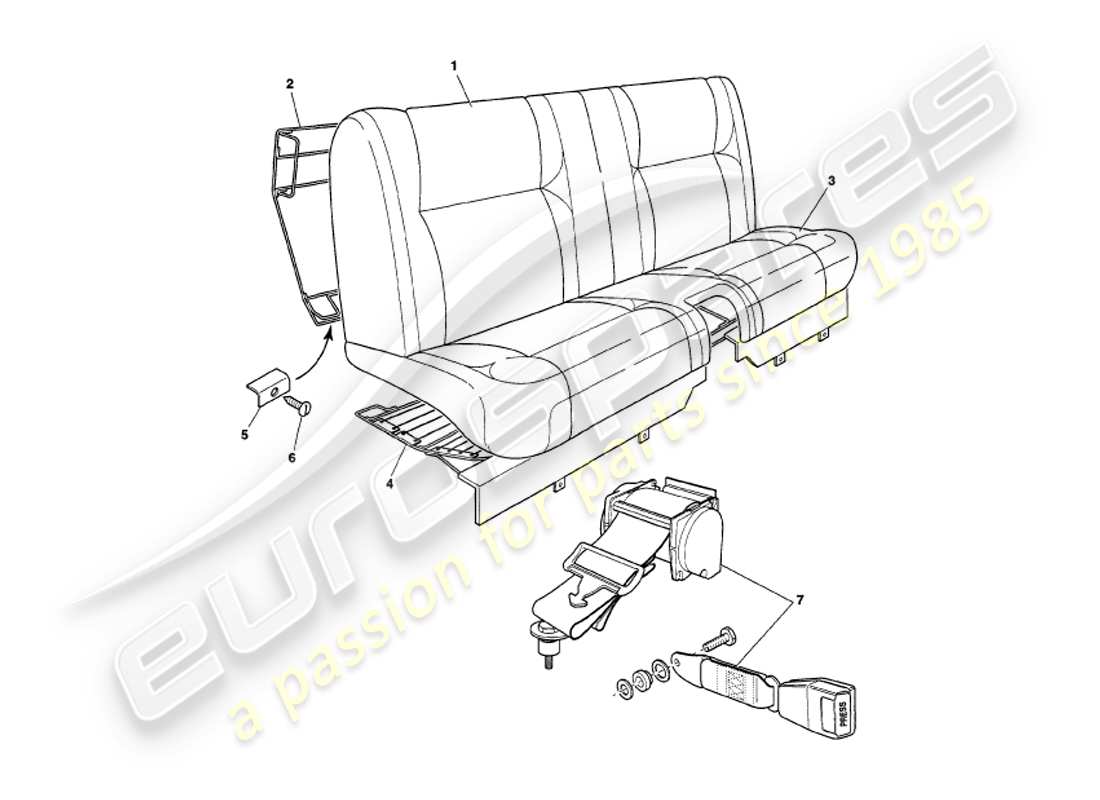 aston martin v8 volante (2000) diagramma delle parti dei sedili posteriori e delle cinture
