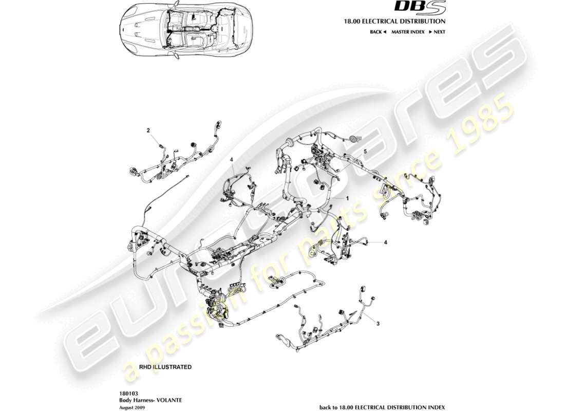 aston martin dbs (2007) imbracatura per il corpo, volante diagramma delle parti