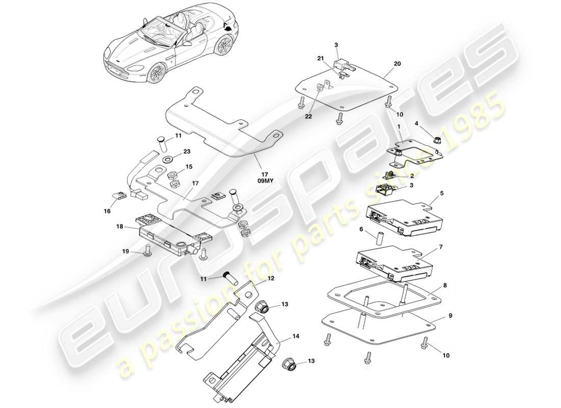 aston martin v8 vantage (2005) antenna posteriore e schermo, diagramma delle parti della roadster