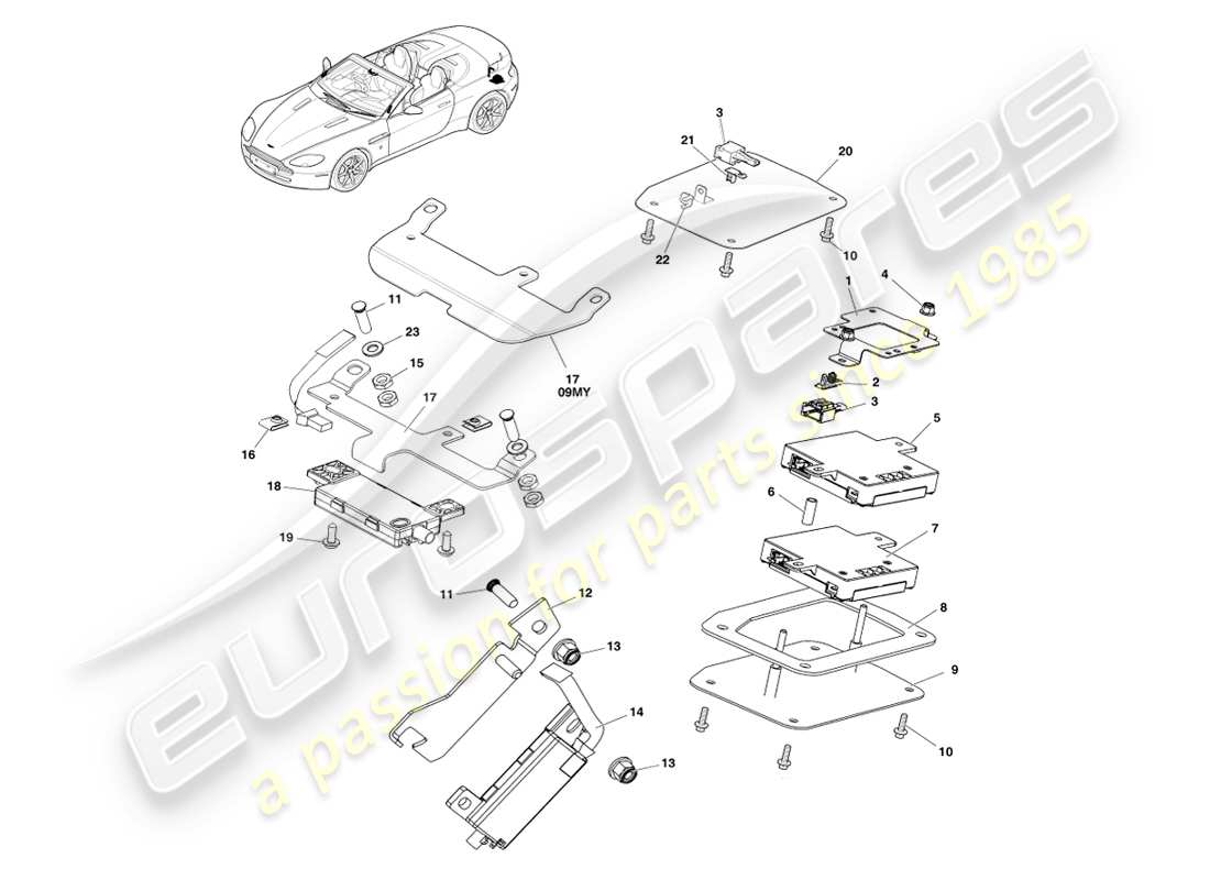 aston martin v8 vantage (2007) antenna posteriore e schermo, diagramma delle parti della roadster