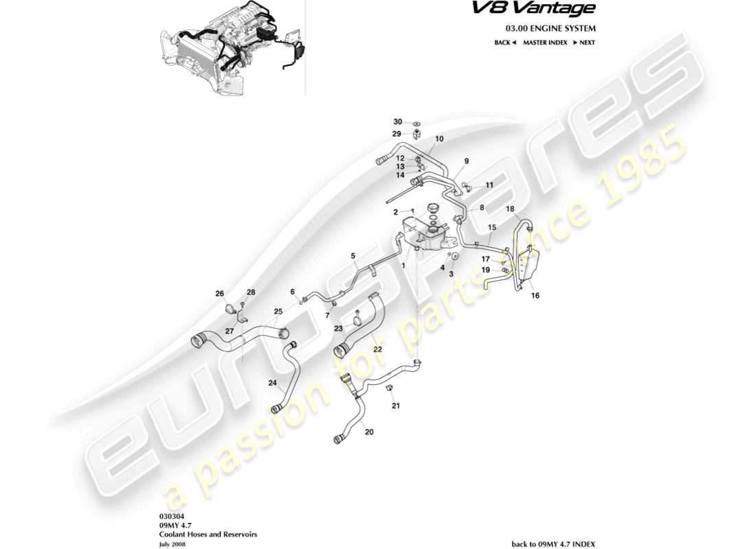 aston martin v8 vantage (2009) diagramma delle parti dei tubi del liquido di raffreddamento e del serbatoio