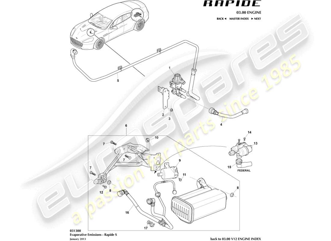 aston martin rapide (2014) teilediagramm für verdunstungsemissionen