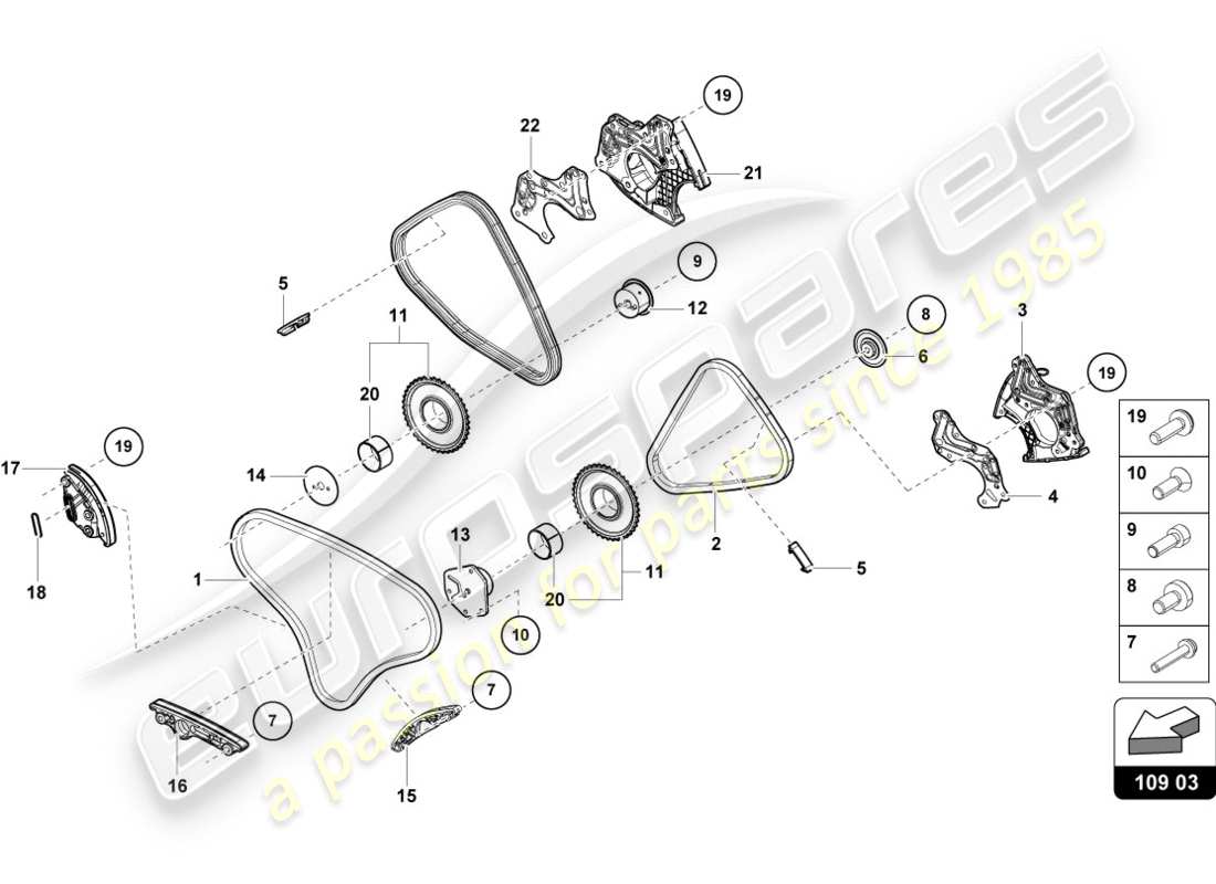 lamborghini performante coupe (2020) diagramma delle parti della catena di distribuzione