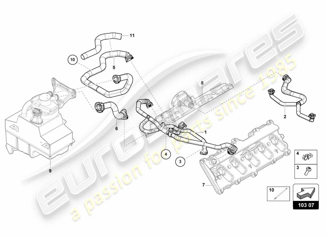 lamborghini performante coupe (2020) diagramma delle parti della linea di sfiato