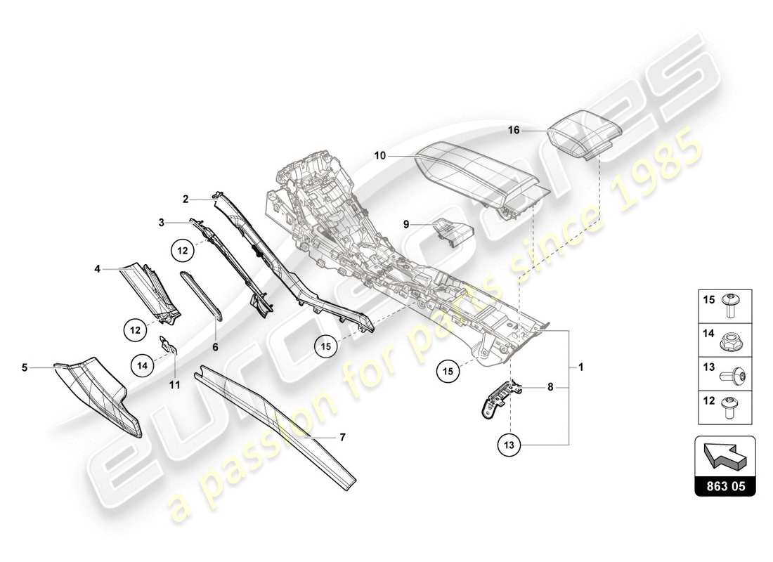 lamborghini lp610-4 coupe (2018) diagramma delle parti del rivestimento del tunnel