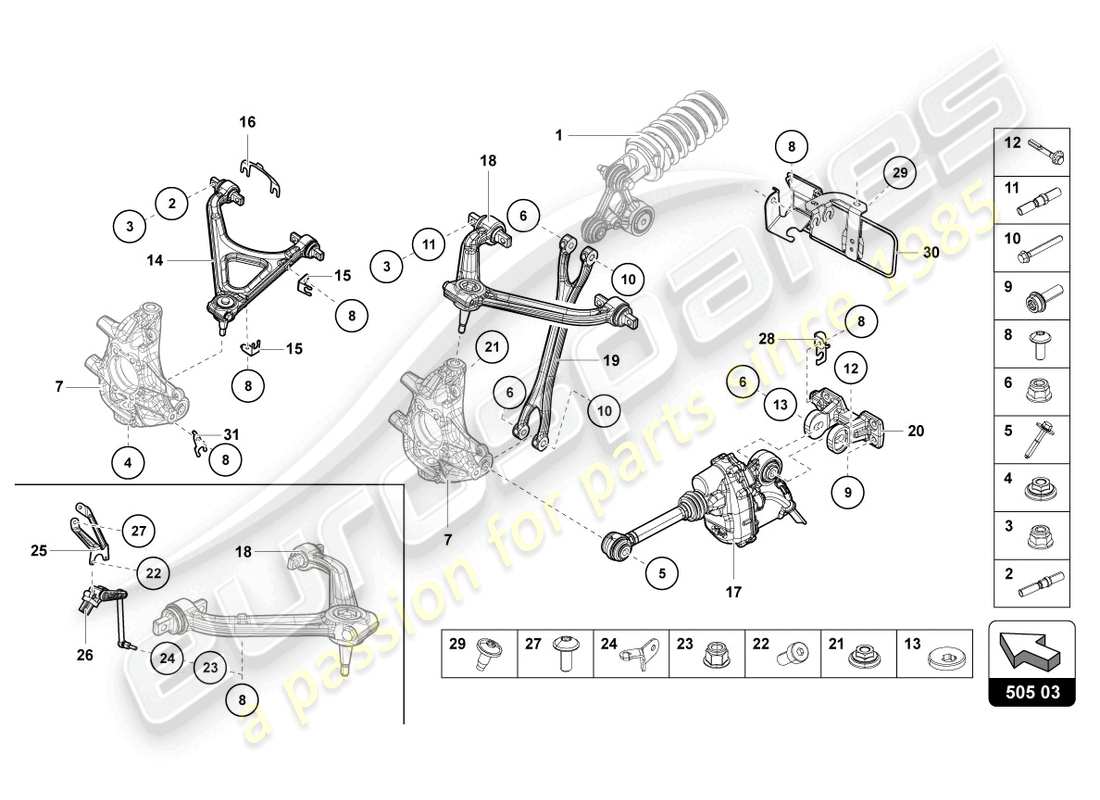 lamborghini lp770-4 svj coupe (2021) schema delle parti sospensione posteriore