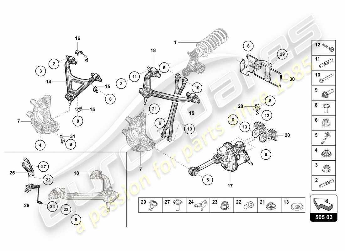 lamborghini centenario coupe (2017) sospensione posteriore diagramma delle parti