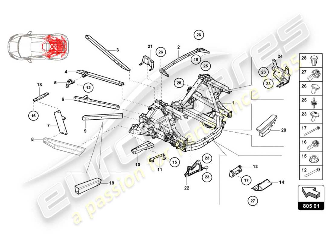 lamborghini lp610-4 coupe (2019) diagramma delle parti del telaio