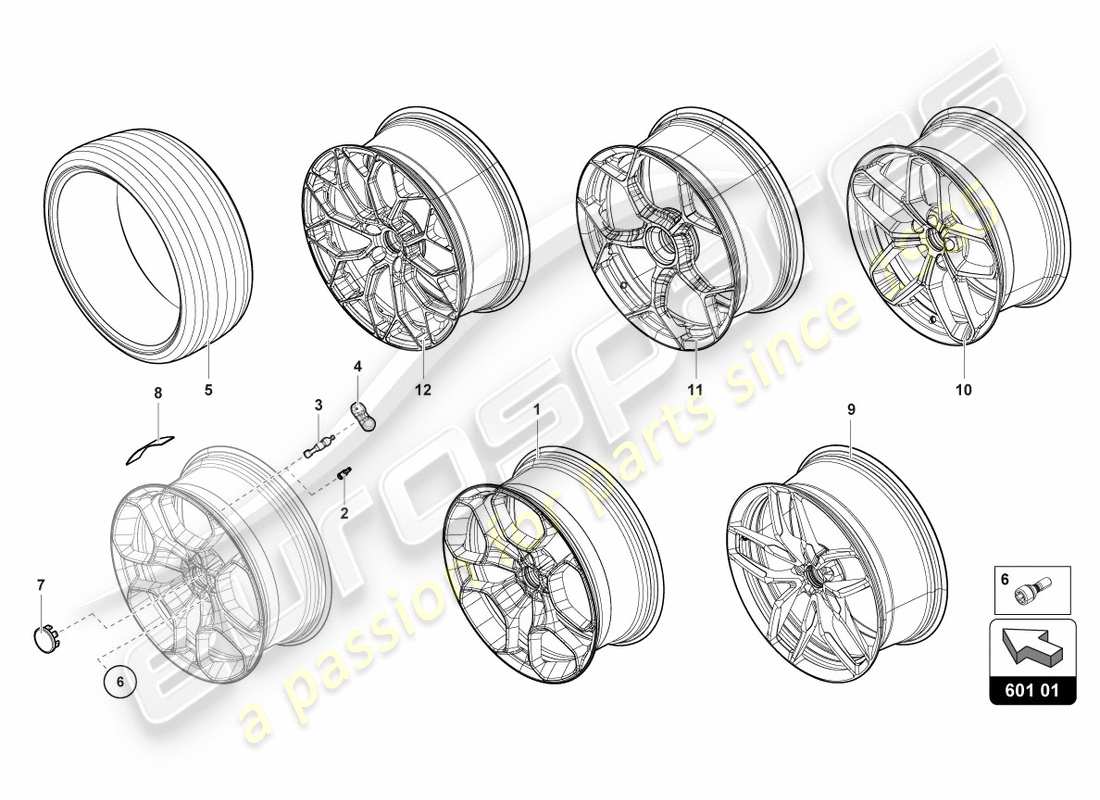 lamborghini lp610-4 spyder (2019) ruote/pneumatici anteriori diagramma delle parti