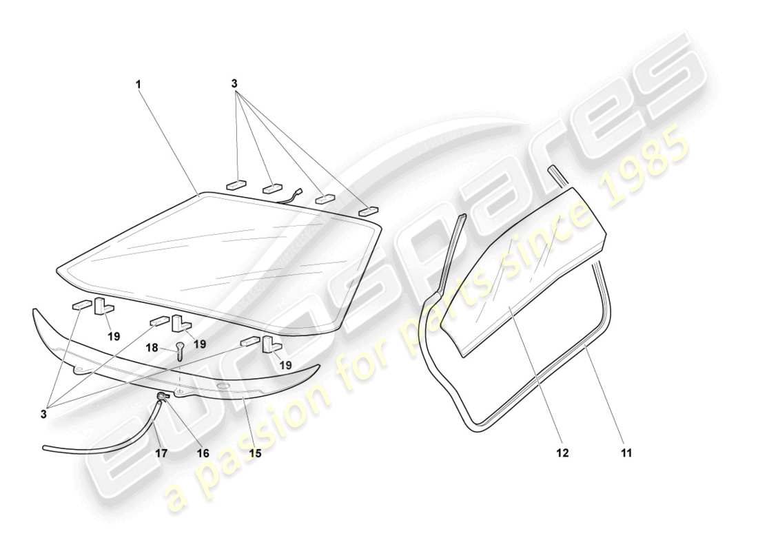lamborghini murcielago roadster (2005) vetri da finestra diagramma delle parti