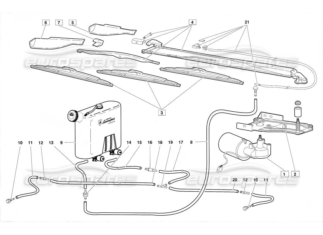 lamborghini diablo (1991) diagramma delle parti dei tergicristalli e dei lavafari (valido per la versione di giugno 1992).