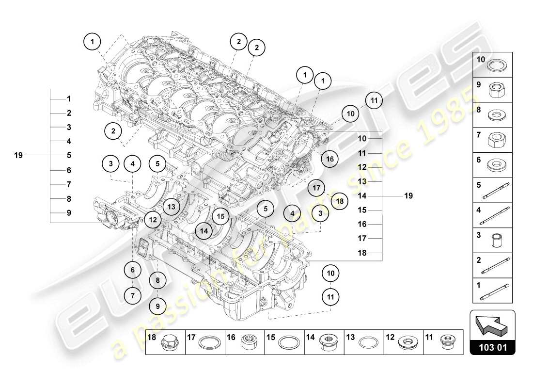 lamborghini 2014 (lp720-4 coupe 50) schema delle parti del blocco motore