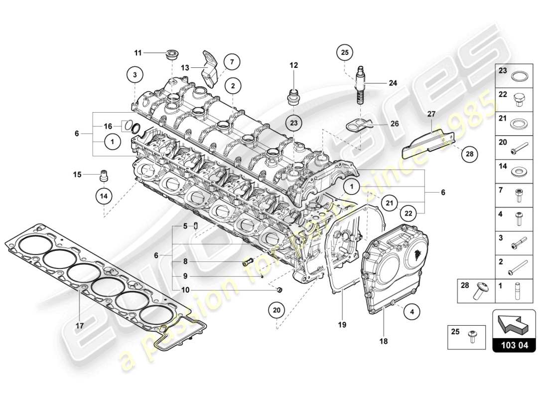 lamborghini 2019 (lp770-4 svj roadster) testa cilindro con prigionieri e manicotti di centraggio schema delle parti