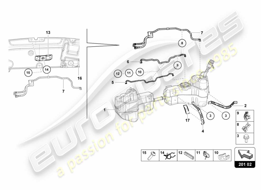 lamborghini 2020 (performante coupe) per serbatoio carburante e linea carburante fissaggi linea carburante diagramma delle parti