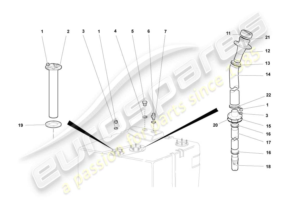 lamborghini murcielago coupe (2002) tubo di riempimento carburante con attacchi schema delle parti