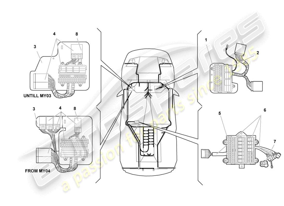 lamborghini murcielago coupe (2002) schema delle parti dell'impianto elettrico centrale