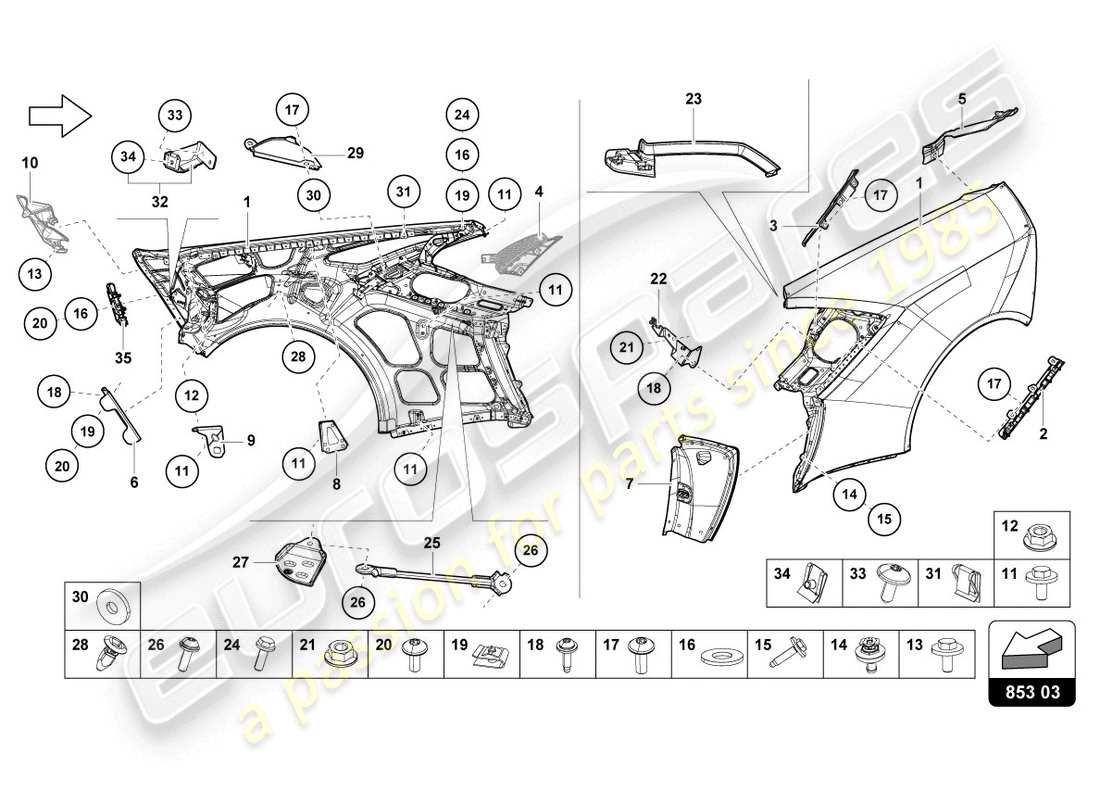 lamborghini evo coupe 2wd (2020) diagramma delle parti dell'ala