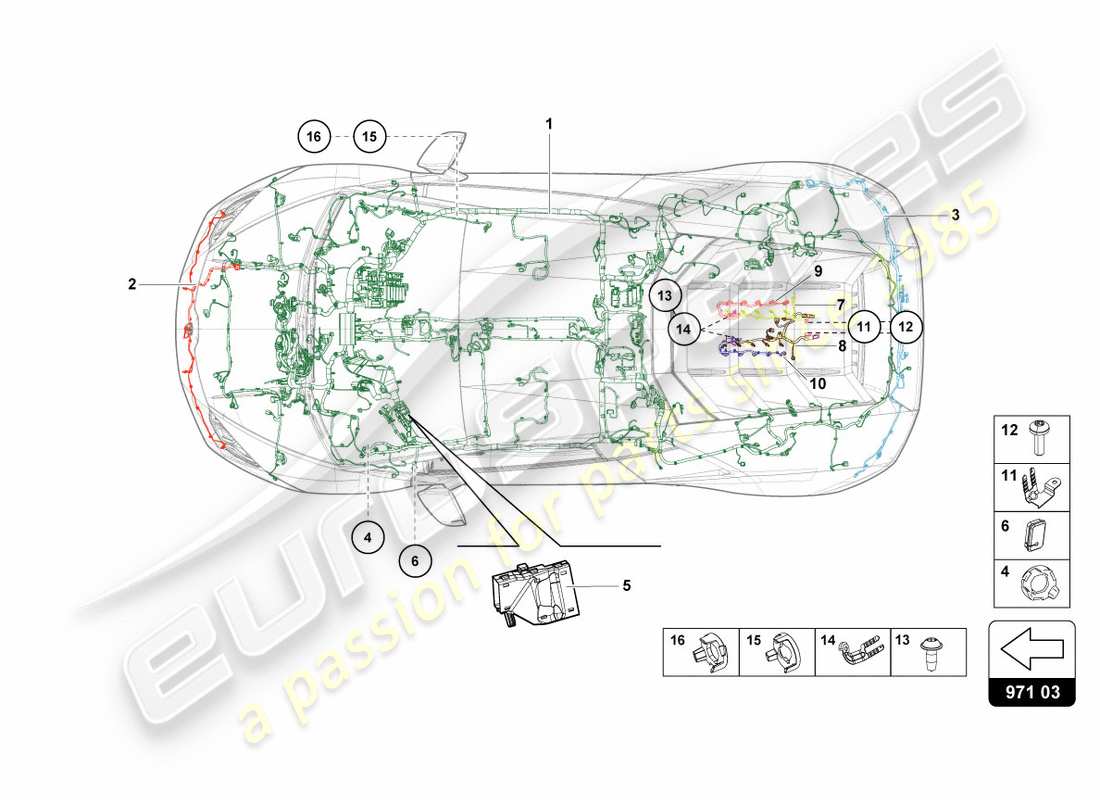 lamborghini performante coupe (2020) diagramma delle parti del centro cablaggio