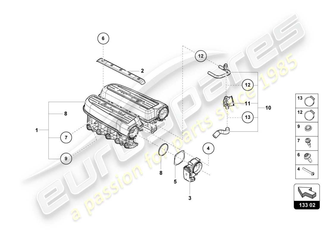 lamborghini performante coupe (2020) collettore di aspirazione schema delle parti