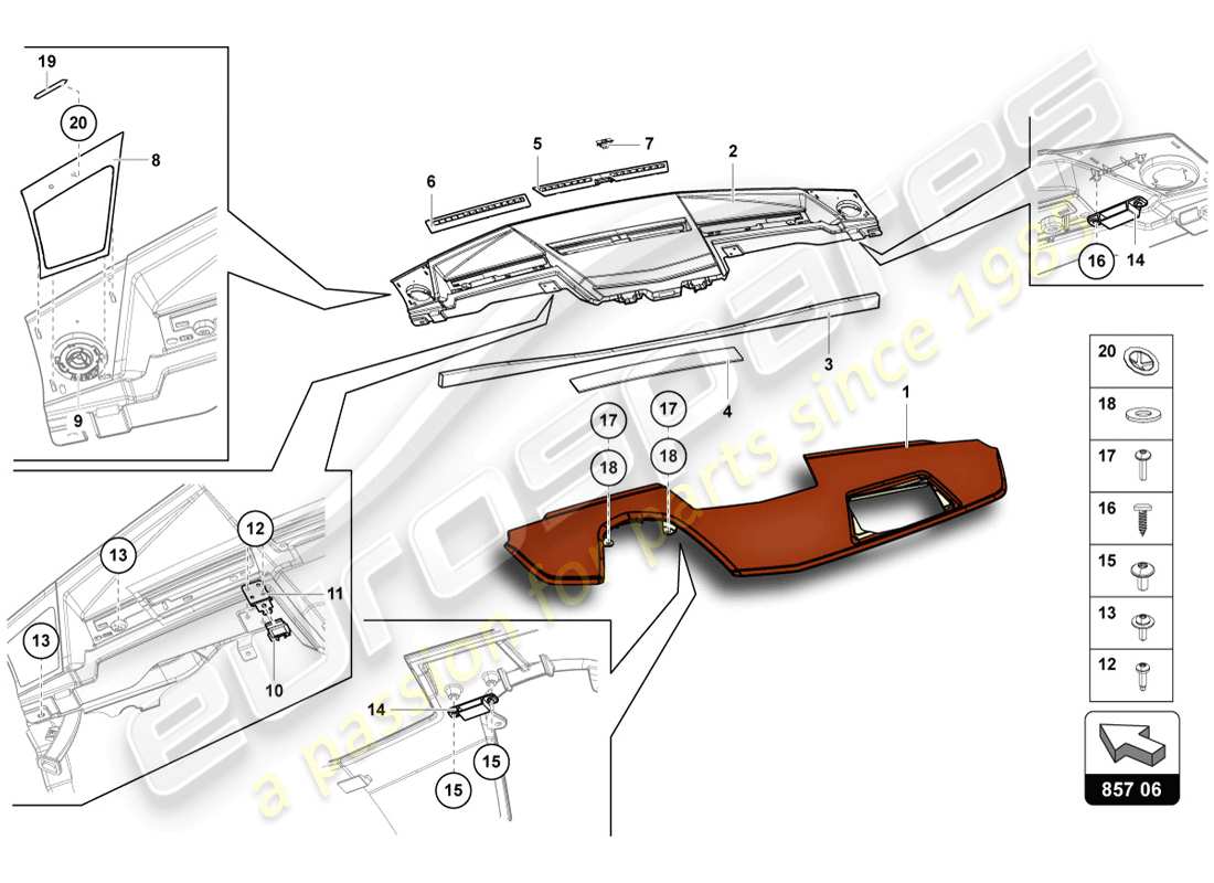 lamborghini lp720-4 coupe 50 (2014) schema delle parti del quadro strumenti