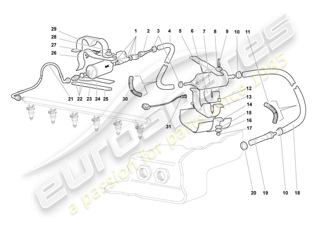lamborghini murcielago coupe (2002) linea carburante con tubo di sfiato schema delle parti