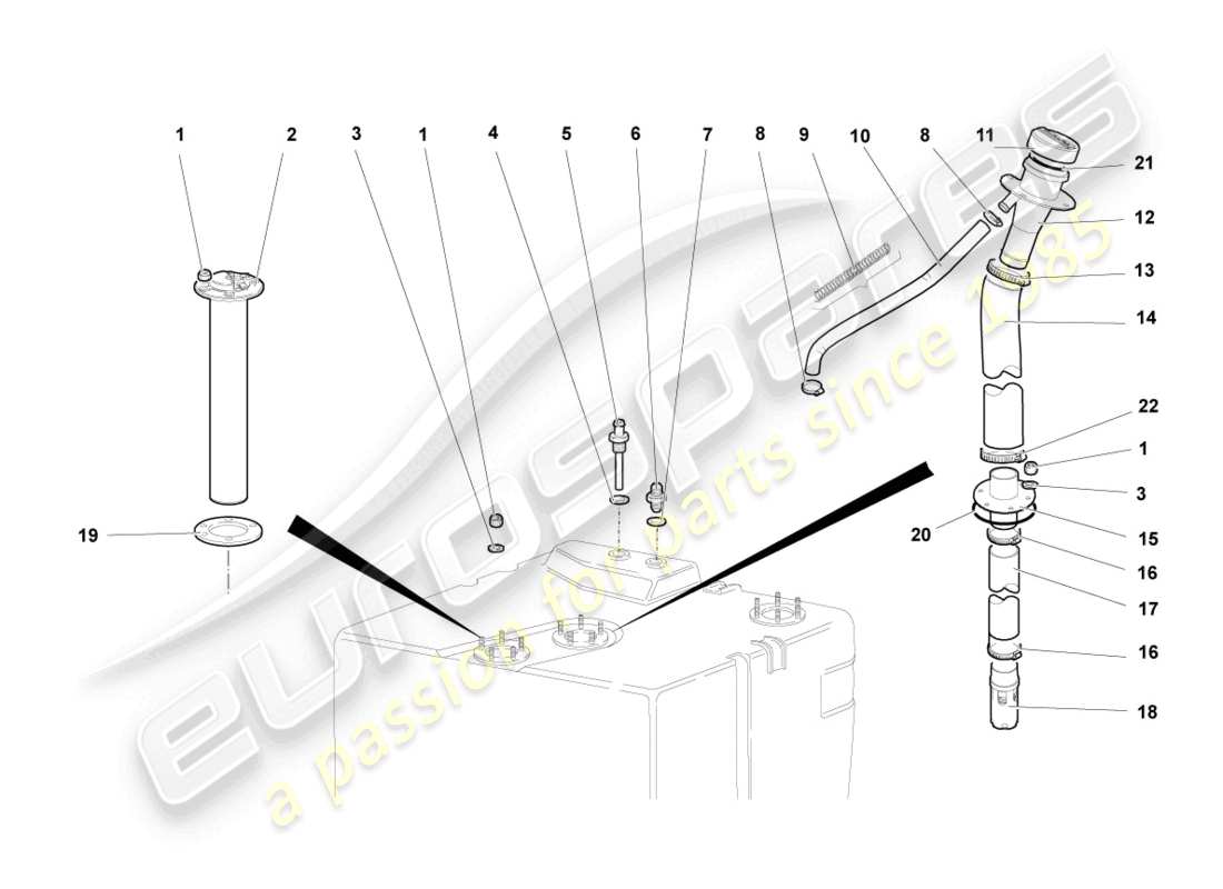 lamborghini murcielago coupe (2002) tubo di riempimento carburante con attacchi schema delle parti