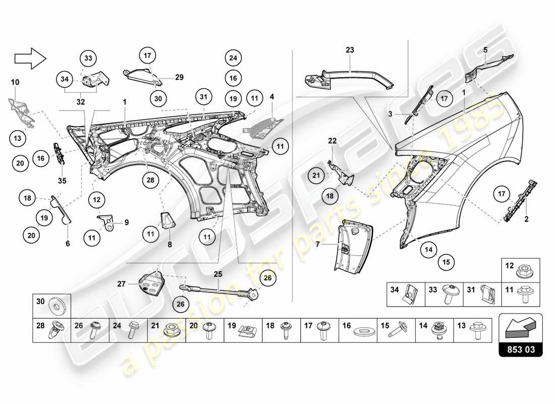 lamborghini lp580-2 coupe (2019) diagramma delle parti dell'ala