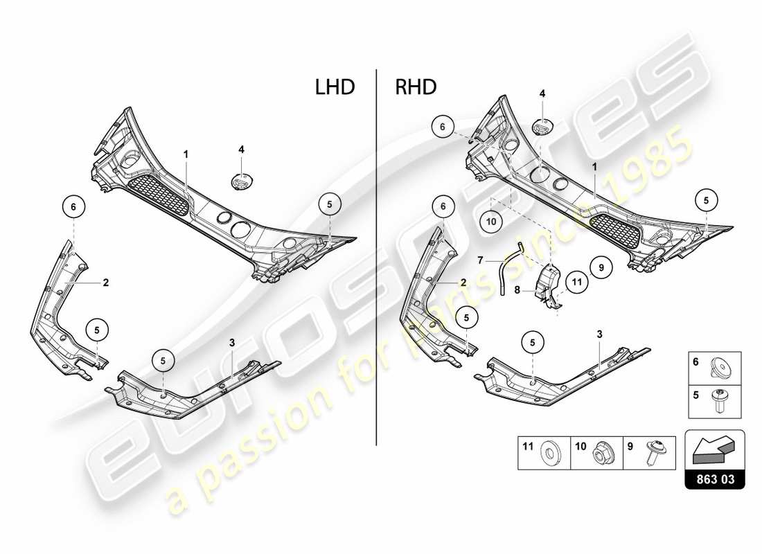 lamborghini lp610-4 spyder (2019) copertura estremità anteriore diagramma delle parti