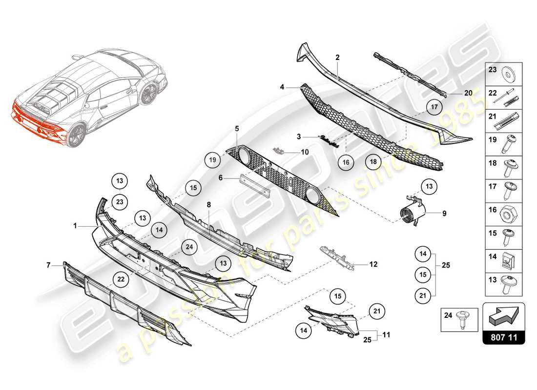 lamborghini evo coupe (2020) diagramma delle parti del paraurti