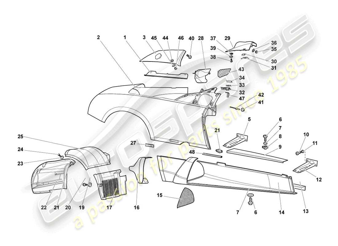 lamborghini murcielago roadster (2005) lato lato destro diagramma delle parti