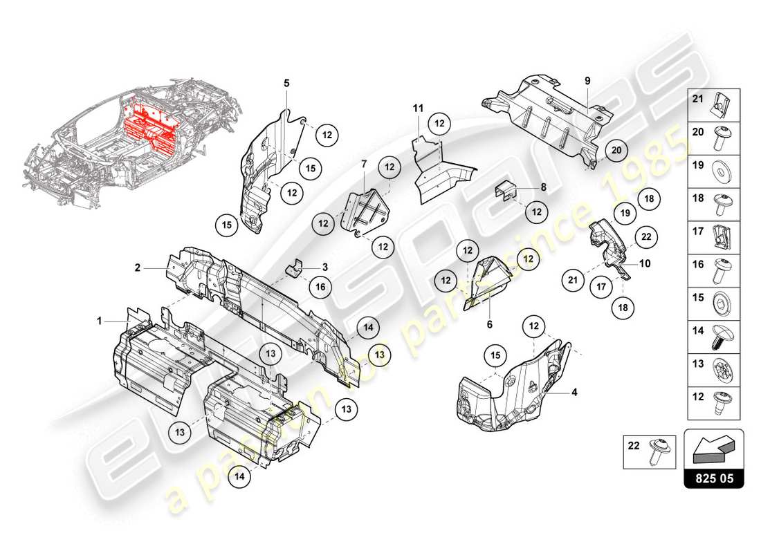 lamborghini evo spyder 2wd (2020) schema delle parti dello scudo calore