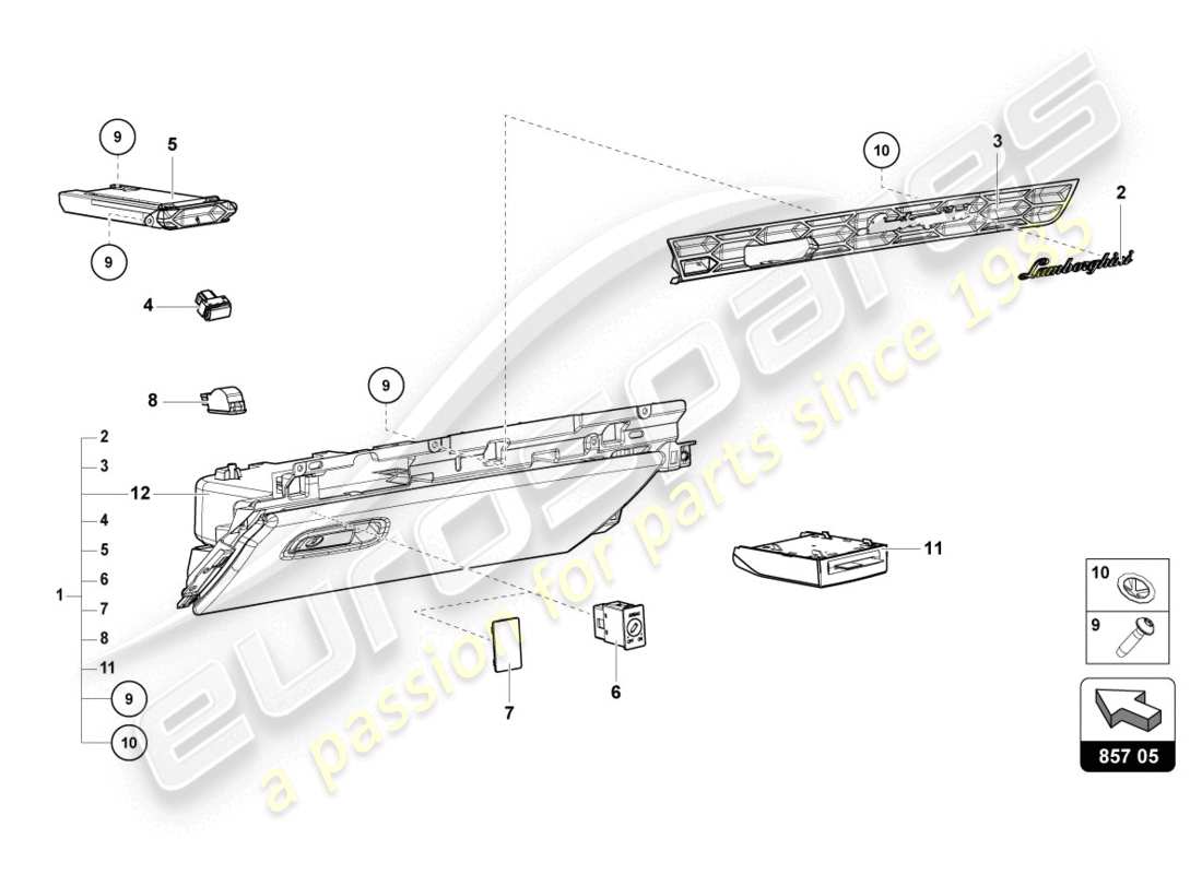 lamborghini evo coupe (2020) vano portaoggetti diagramma delle parti