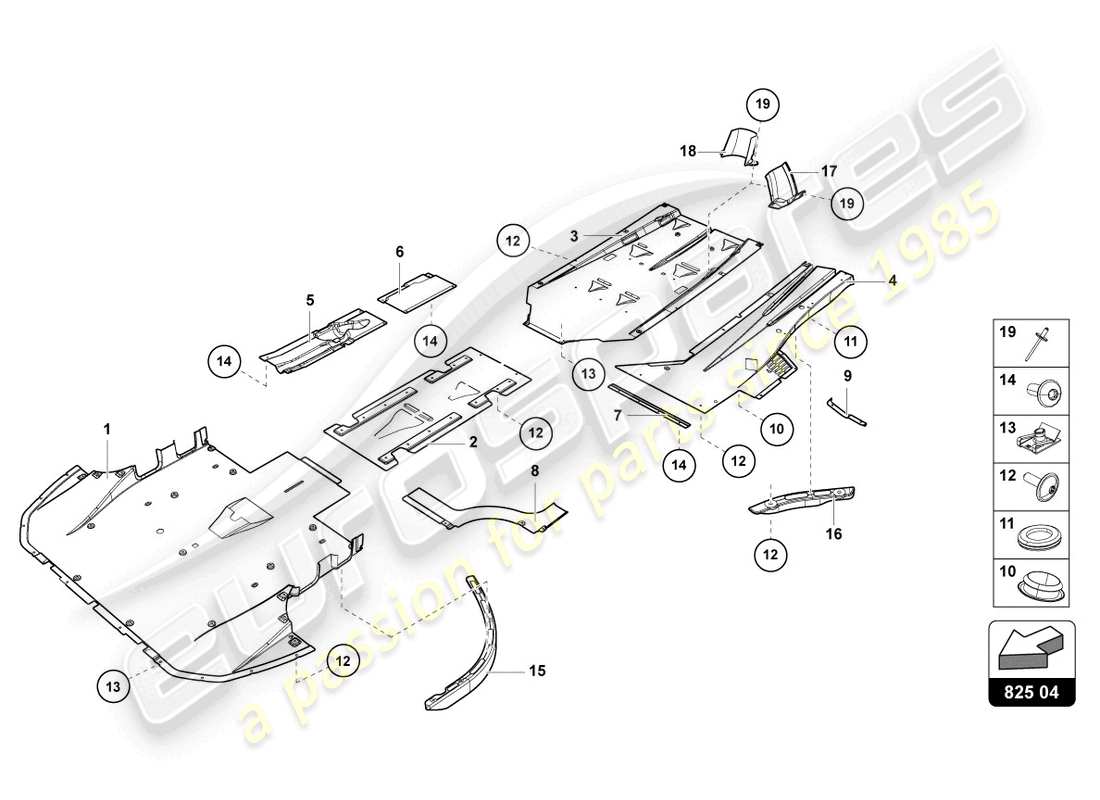 lamborghini lp750-4 sv coupe (2017) pannello di rivestimento per la sezione inferiore del telaio schema delle parti