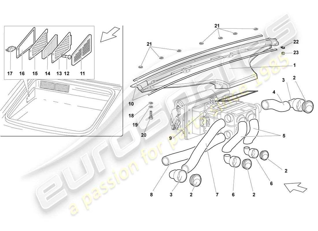 lamborghini murcielago roadster (2006) condotti del riscaldatore dell'aria e del pozzetto, tubi dell'aria e prese d'aria schema delle parti