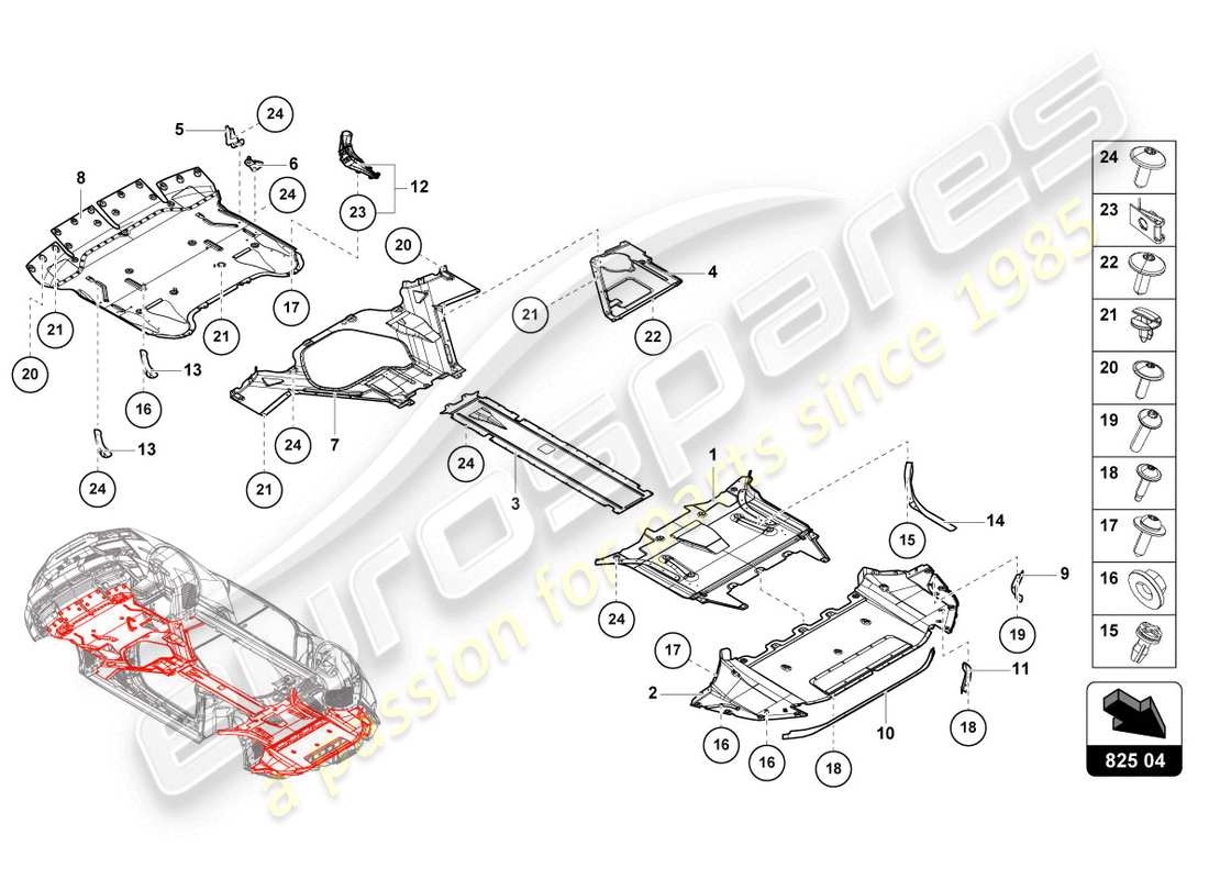 lamborghini evo spyder (2020) pannello di rivestimento per la sezione inferiore del telaio schema delle parti