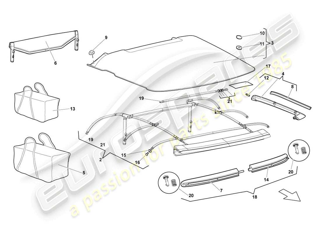 lamborghini murcielago roadster (2006) copertura - superiore diagramma delle parti