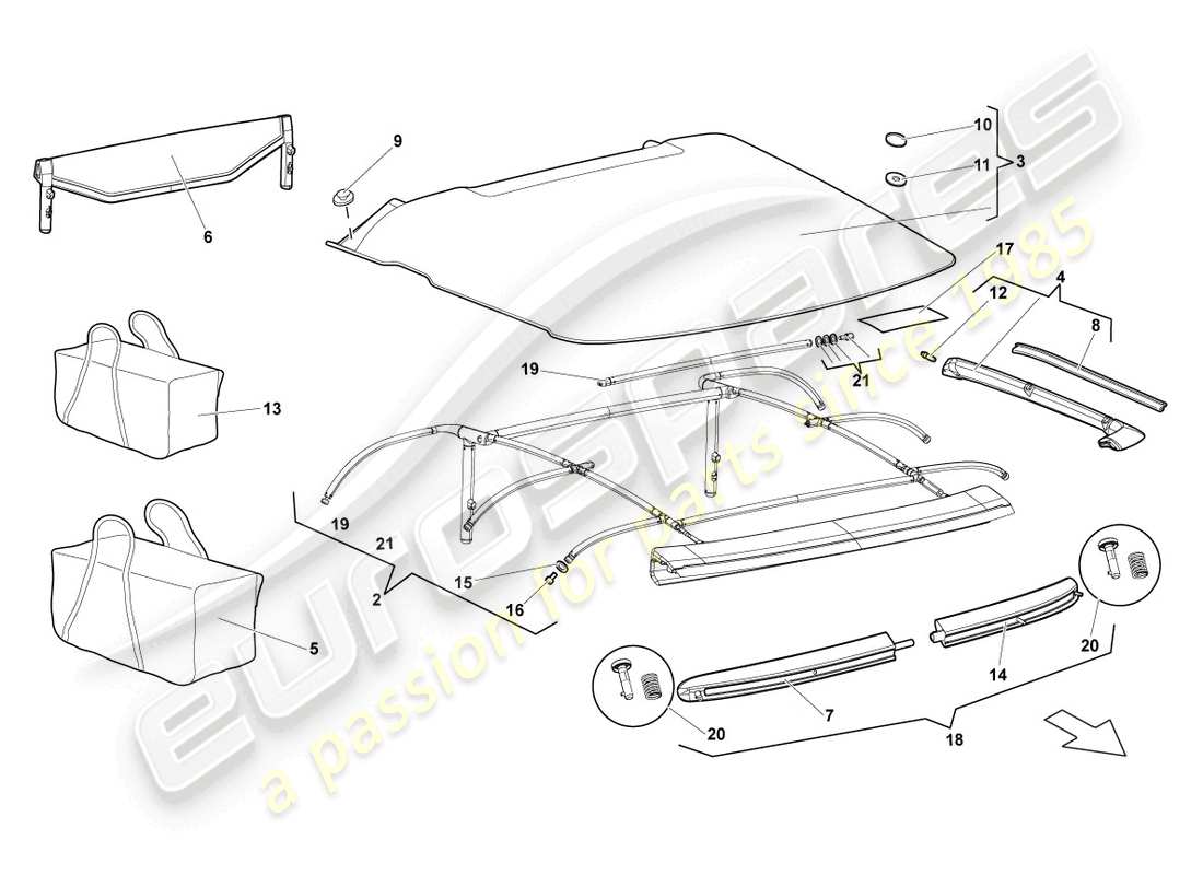 lamborghini murcielago roadster (2006) copertura - diagramma della parte superiore