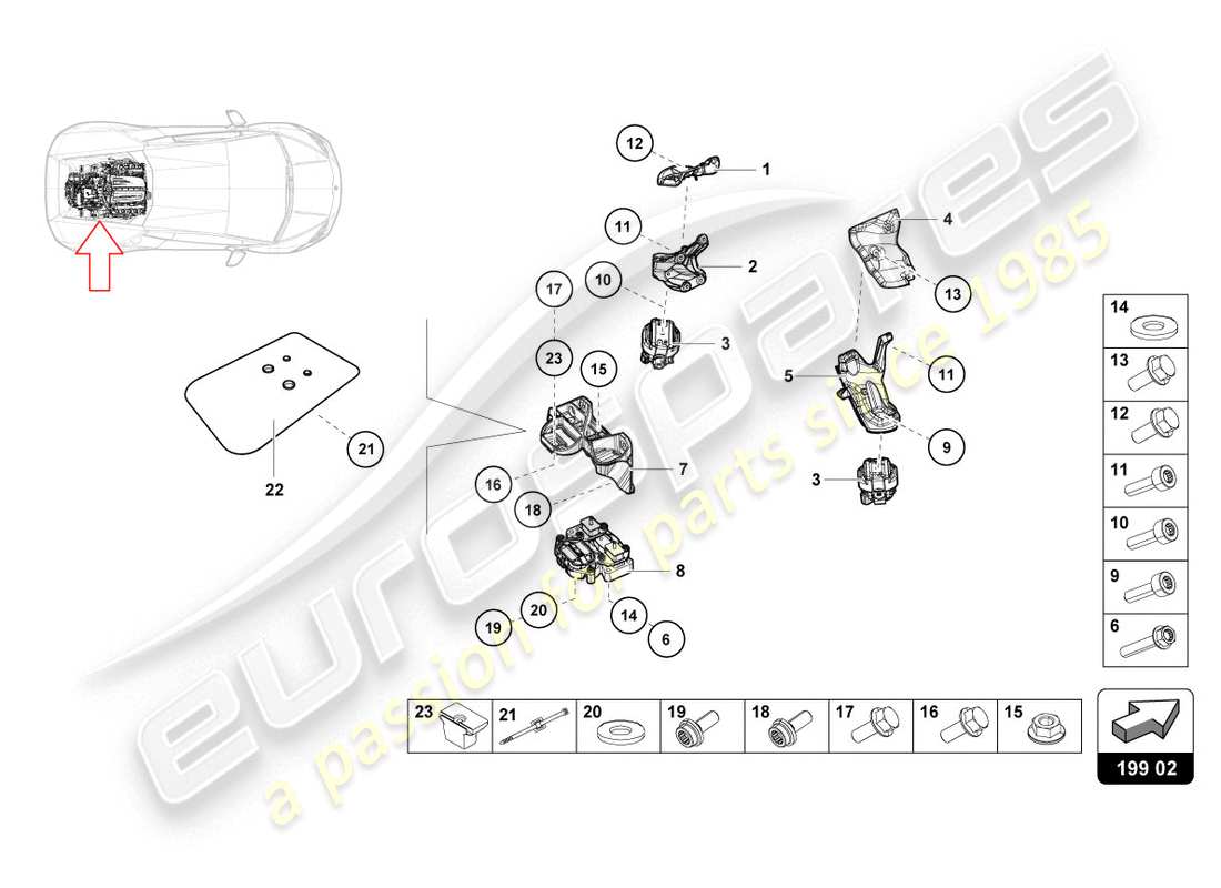 lamborghini lp610-4 coupe (2019) parti di fissaggio del motore schema delle parti