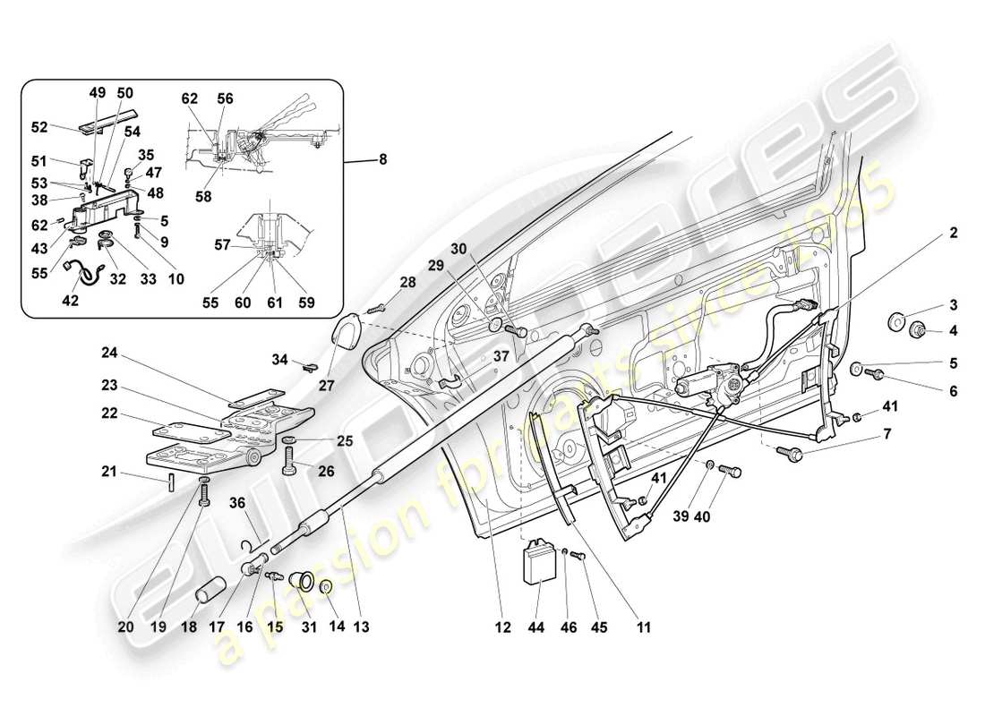 lamborghini murcielago roadster (2006) schema delle parti del regolatore della finestra