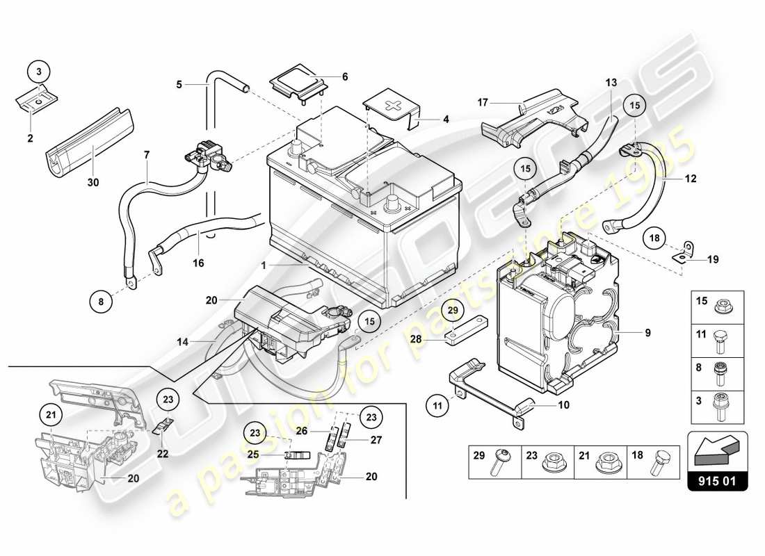lamborghini centenario roadster (2017) diagramma delle parti della batteria