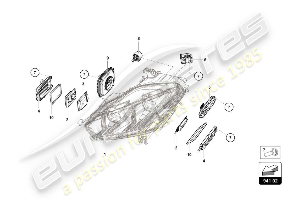 lamborghini performante coupe (2020) sistema di illuminazione anteriore diagramma delle parti