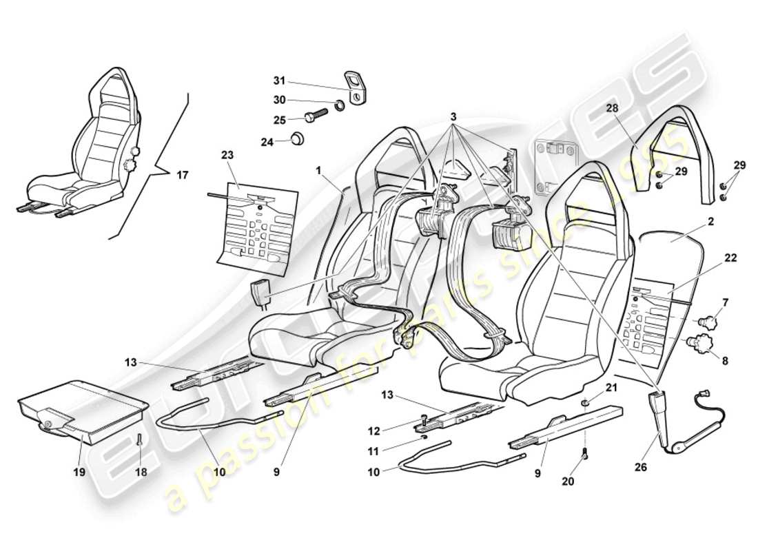lamborghini murcielago roadster (2005) sedile, schema della parte completa