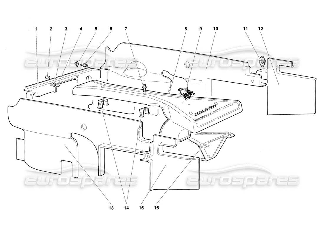 lamborghini diablo sv (1997) pannelli dell'alloggiamento del motore diagramma delle parti