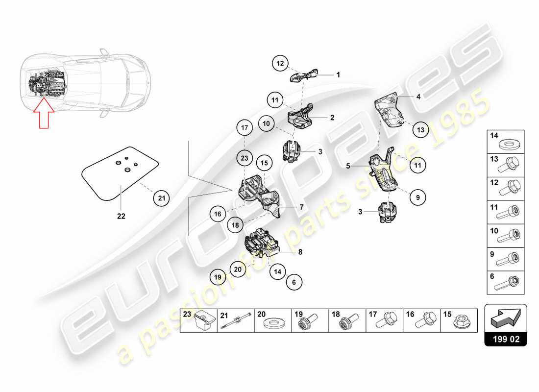 lamborghini performante coupe (2020) parti di sicurezza per il motore diagramma delle parti